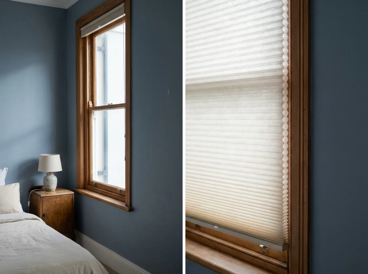 Two views of a cream cellular honeycomb blind in a blue-walled Tamboerskloof bedroom — the timber sash window beside the bed, and a close-up of the pleats lowered inside the reveal