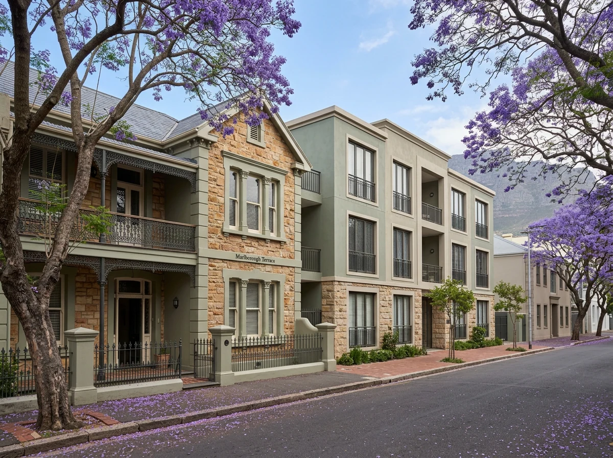 Restored Victorian terrace house beside a low-rise apartment block on a jacaranda-lined street in Gardens, Cape Town