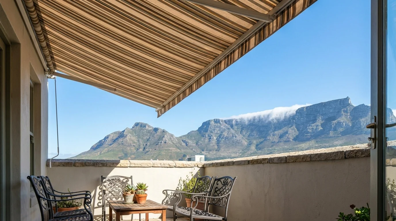 Retractable folding-arm awning extended for shade over a small walled Tamboerskloof courtyard balcony, Table Mountain with a thin tablecloth cloud pouring over the ridge behind