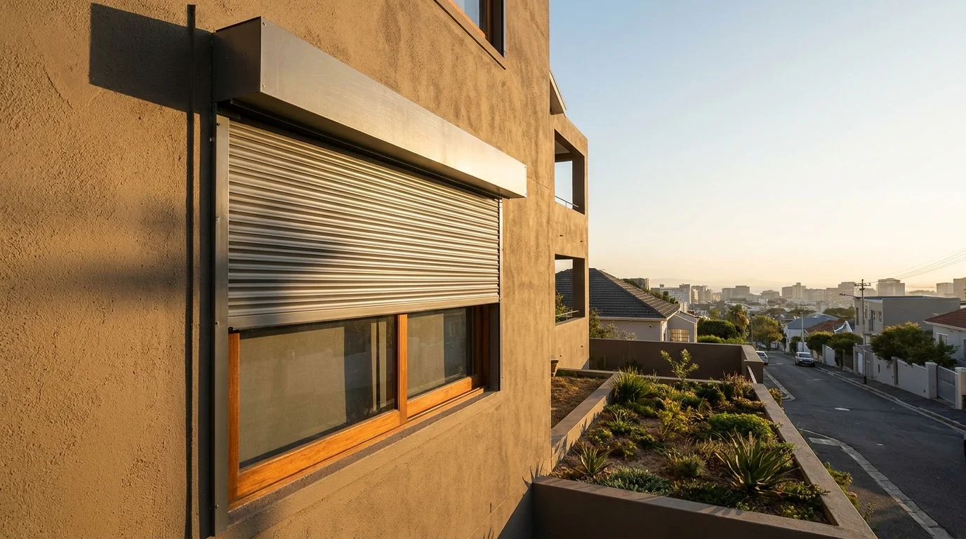 External aluminium roller shutter partially lowered from an outside headbox over a west-facing window, low golden afternoon sun raking across the slats, Cape Town city view behind