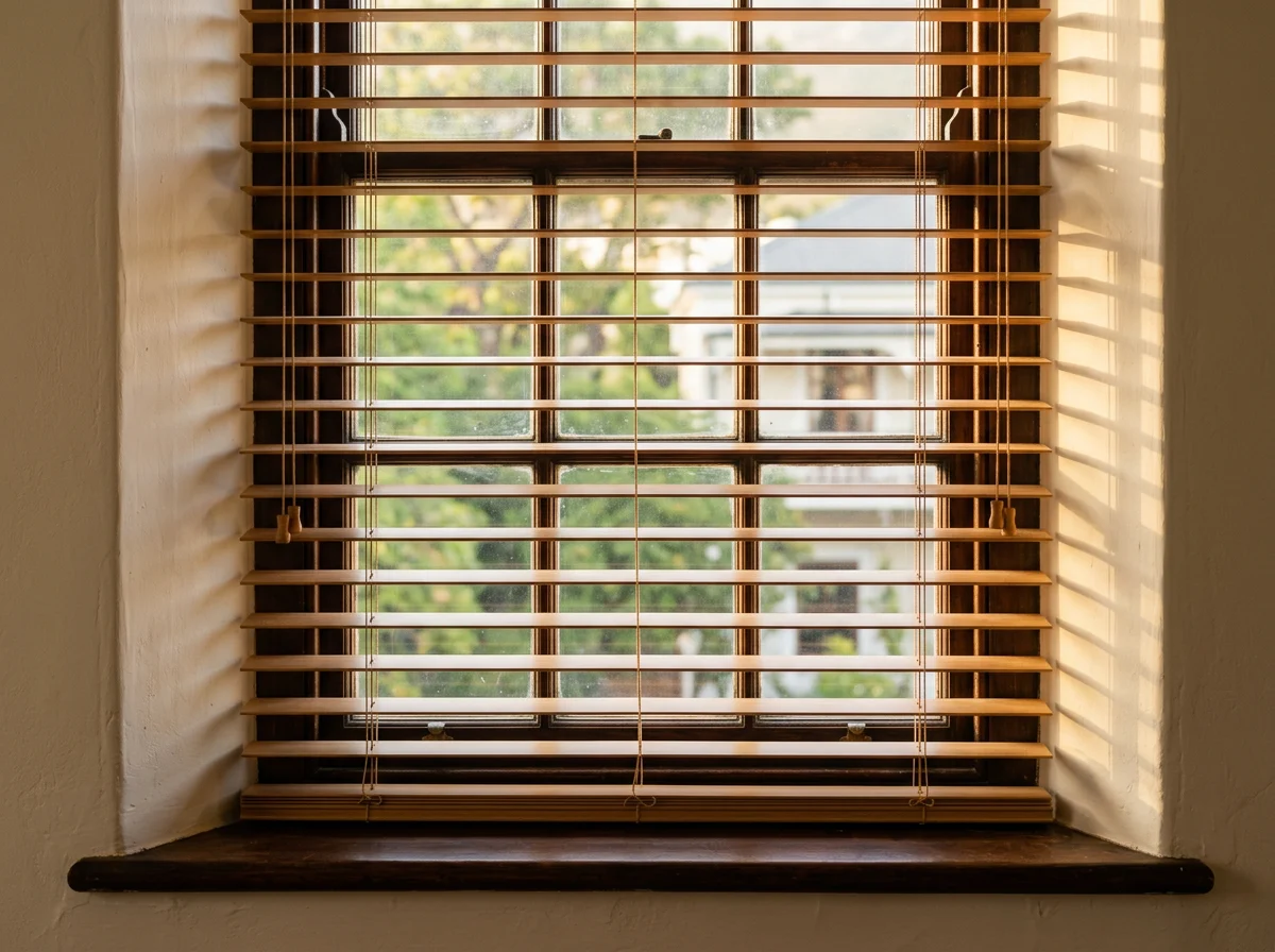 Close-up of a 50mm timber venetian blind mounted inside the deep plastered reveal of an original sash window, warm afternoon light streaking between the tilted slats, trees and a neighbouring roof visible through the glass