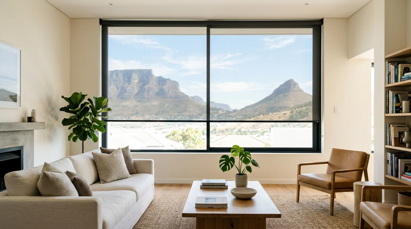 Bright living room with a sunscreen mesh roller blind partially lowered over a large north-facing window, Table Mountain and Lion's Head visible through the glass