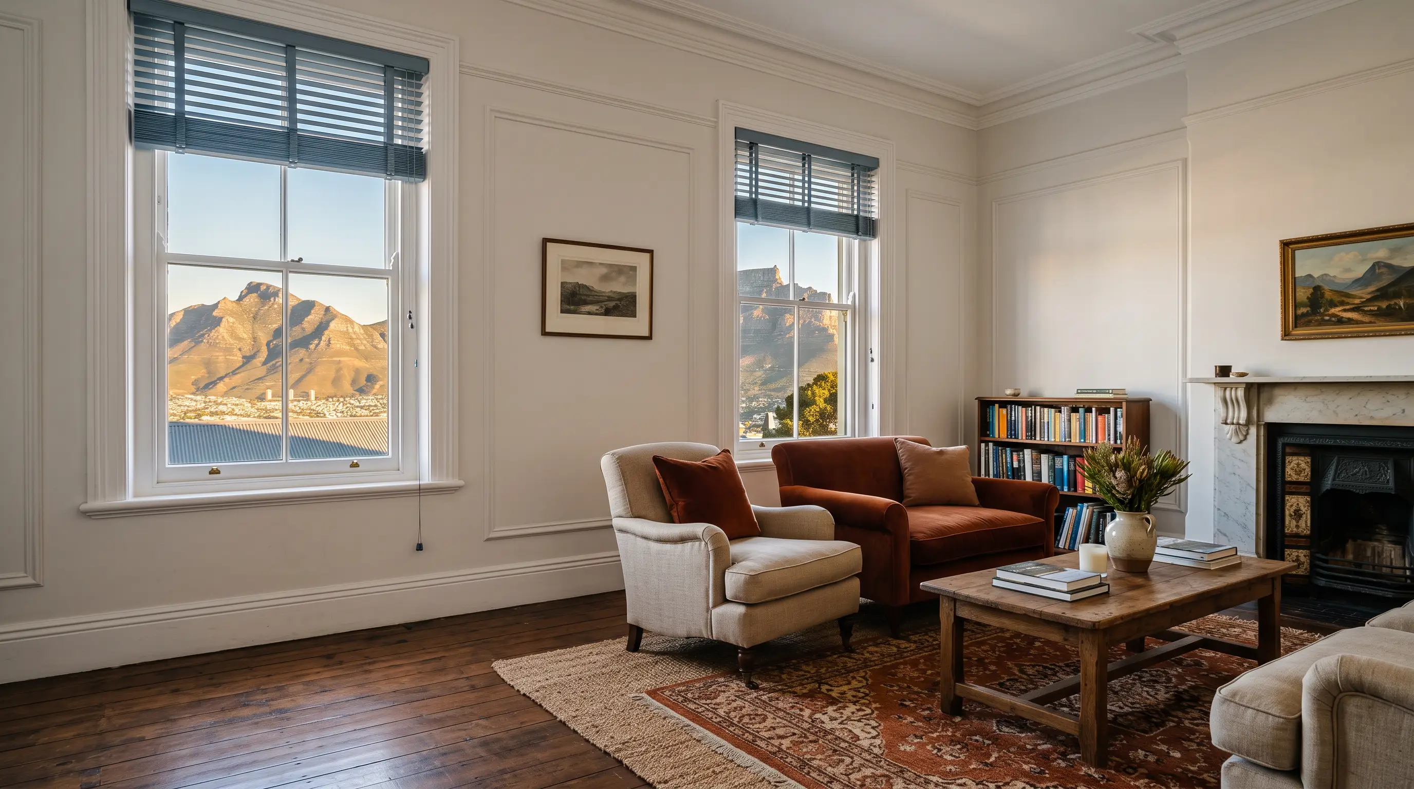 Living room in a Tamboerskloof Victorian home with two sash windows fitted with aluminium venetian blinds, Table Mountain slope views