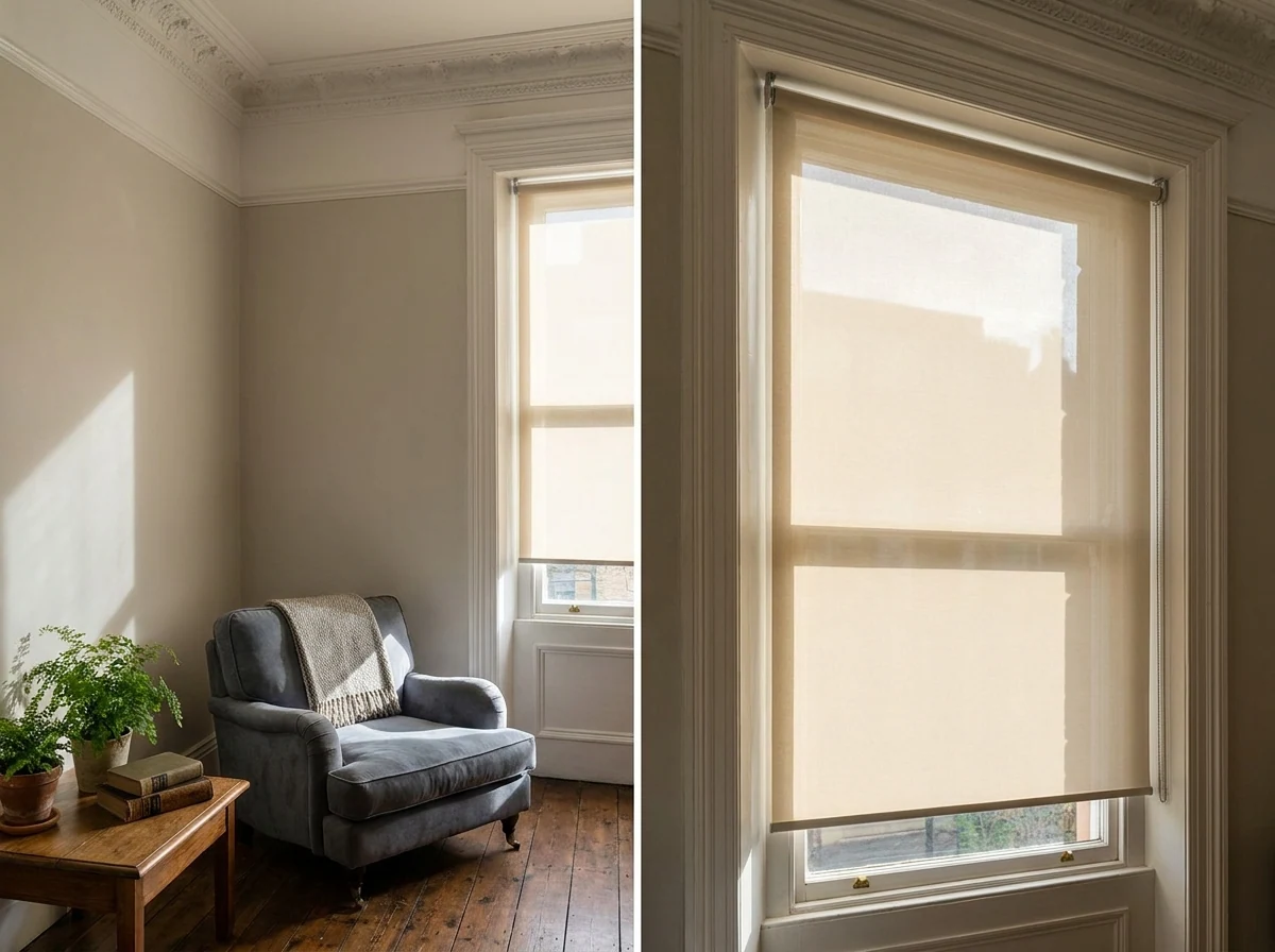 Sunscreen roller blind fitted inside a tall sash window in a heritage Tamboerskloof living room