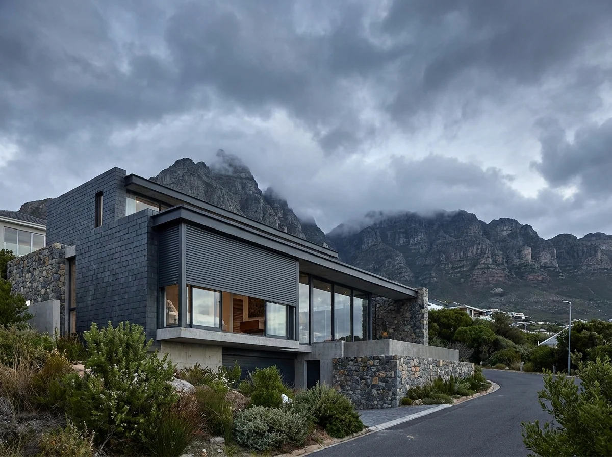 Modern home on the upper slopes below Devil's Peak in Vredehoek, Cape Town, with an external roller shutter lowered against the wind